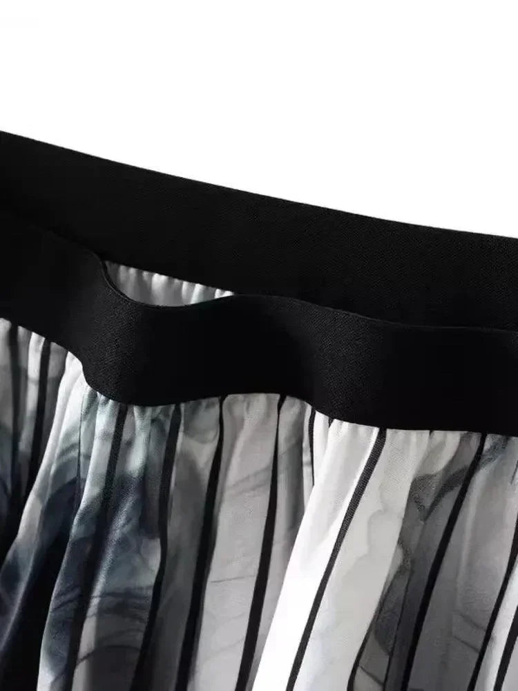 Vintage Pleated Ink Print Skirt for Women -Guocali