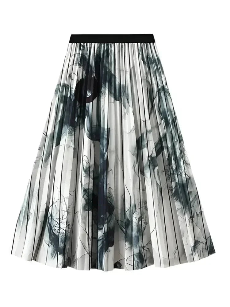 Vintage Pleated Ink Print Skirt for Women -Guocali