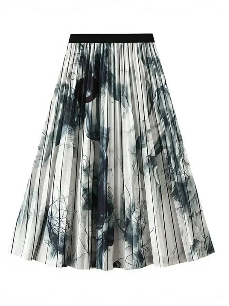 Vintage Pleated Ink Print Skirt for Women -Guocali