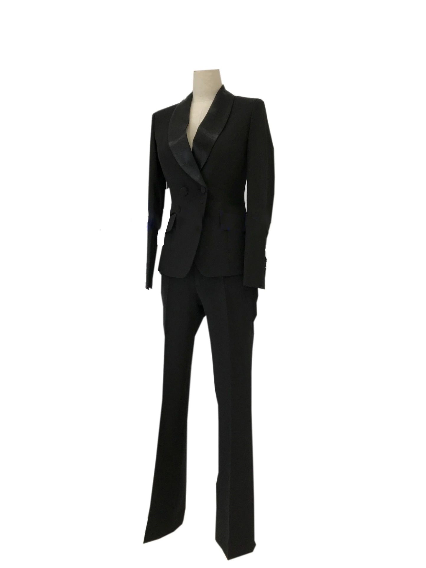 Black women's wedding tuxedo pantsuit with wide lapel blazer and tailored trousers