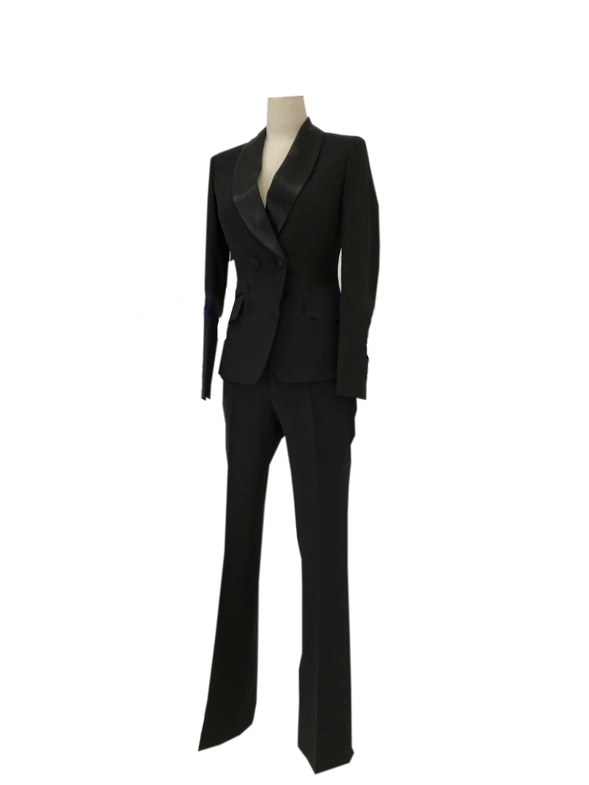 Black women's wedding tuxedo pantsuit with wide lapel blazer and tailored trousers