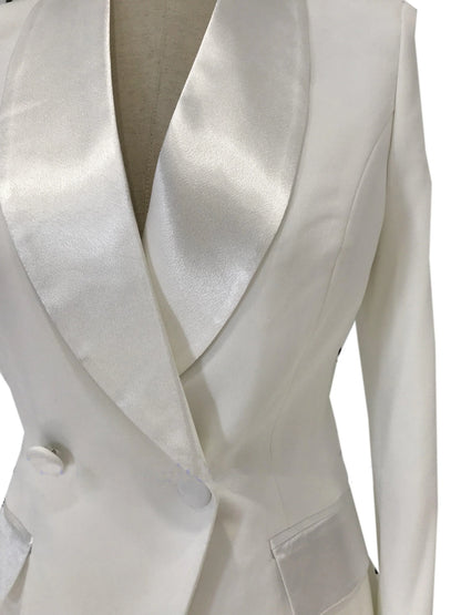 White satin wedding tuxedo blazer for women with shawl collar and button details