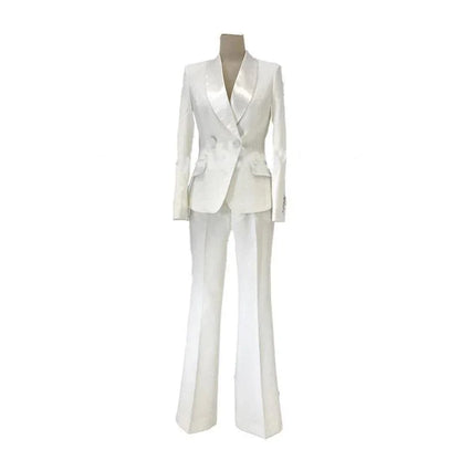 White wedding tuxedo pantsuit for women with tailored blazer and flared trousers