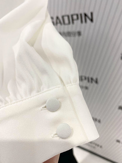 White Chiffon Women Blouse, V-neck -Guocali