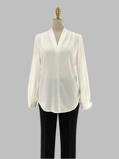 White Chiffon Women Blouse, V-neck -Guocali