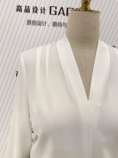 White Chiffon Women Blouse, V-neck -Guocali