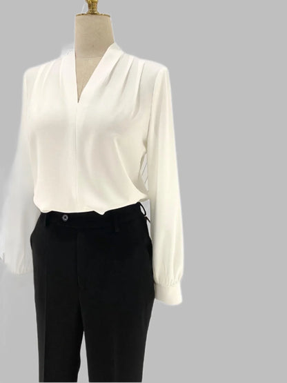 White Chiffon Women Blouse, V-neck -Guocali