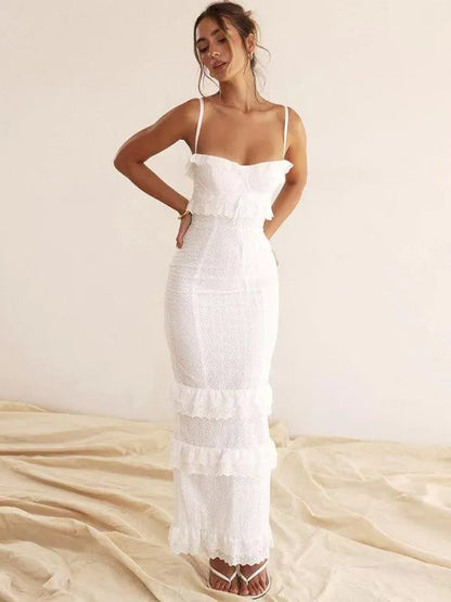 White Hook-and-Loop French Maxi Dress -Guocali