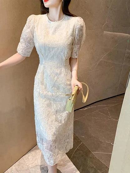 White O-Neck Lace Bubble Sleeve Dress -Guocali