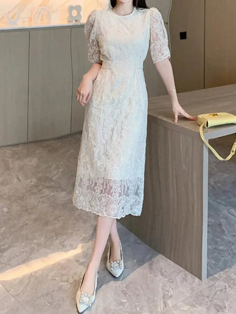 White O-Neck Lace Bubble Sleeve Dress -Guocali