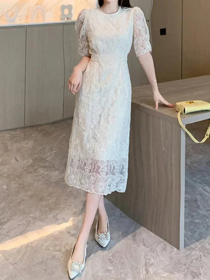 White O-Neck Lace Bubble Sleeve Dress -Guocali