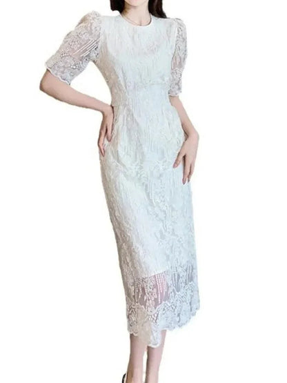 White O-Neck Lace Bubble Sleeve Dress -Guocali