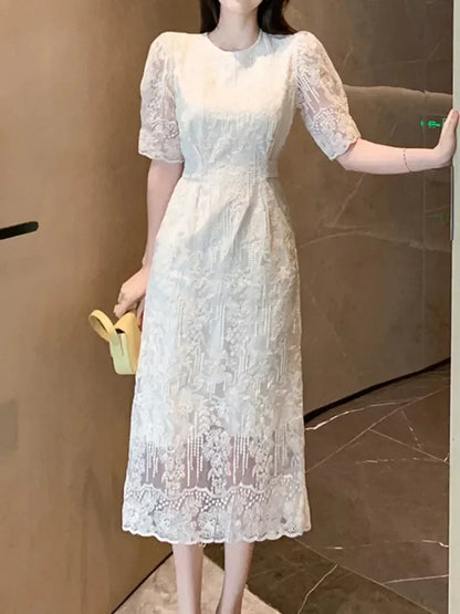 White O-Neck Lace Bubble Sleeve Dress -Guocali