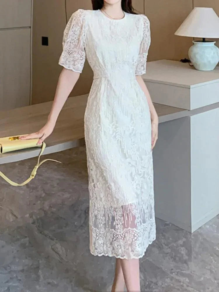 White O-Neck Lace Bubble Sleeve Dress -Guocali