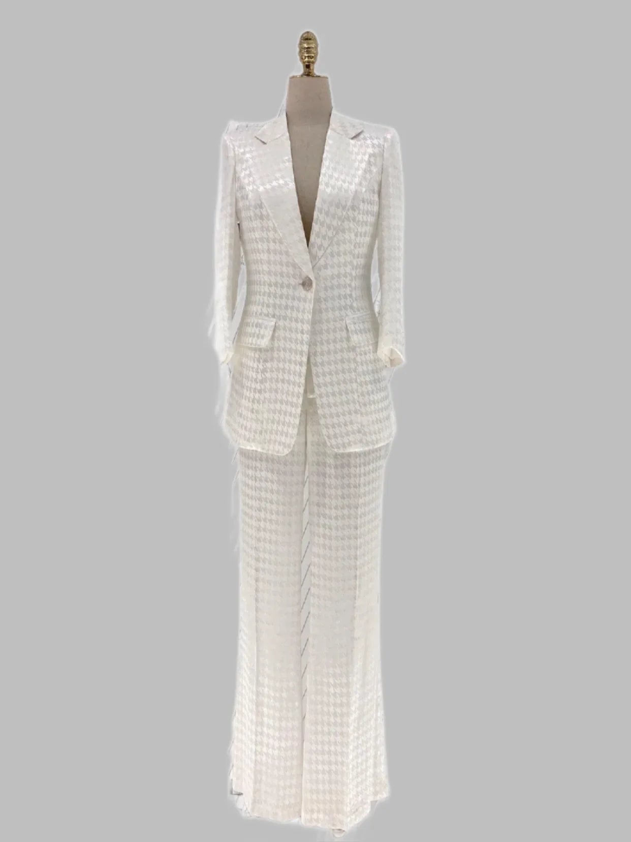 White Plaid Pant Suit, Thin Flared Trouser Suit -Guocali