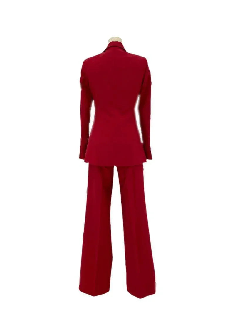 Back view of a red women's wide-leg business pantsuit on a mannequin