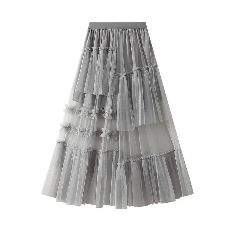 Women A-Line Skirt Asymmetric Mesh - High Waist Midi Women Skirt