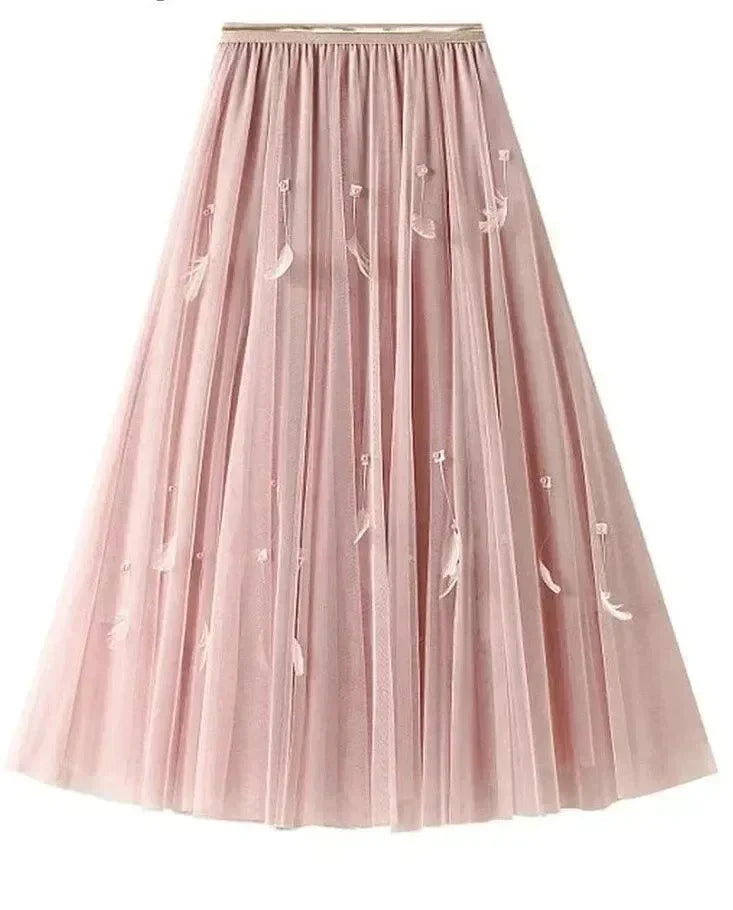 Women A-Line Skirt Feather Detail - High Waist Midi Women Skirt