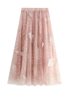 Women A-Line Skirt Feather Embroidery - High Waist Midi Women Skirt