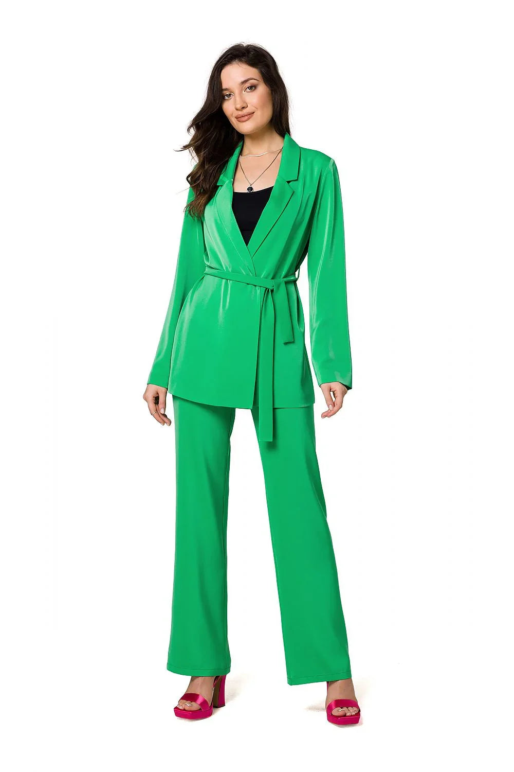 Women Blazer - Breathable - Wrap, Belted - Green -Guocali