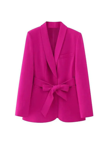 Women Blazer - Lightweight - Beltted, Tie, Wrap - Pink, Rose Red -Guocali