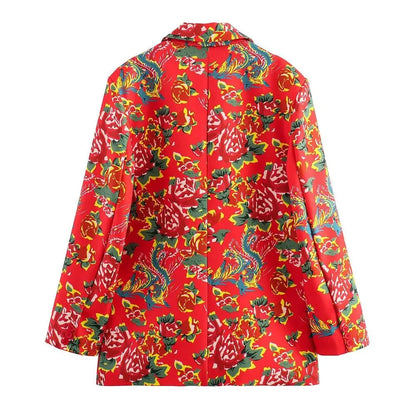 Women Blazer - Lightweight - Button - Red, Multicolor -Guocali