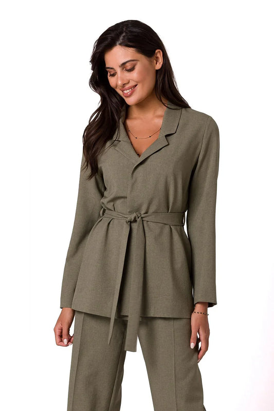 Women Blazer - Lightweight - Tie, Belted - Green -Guocali