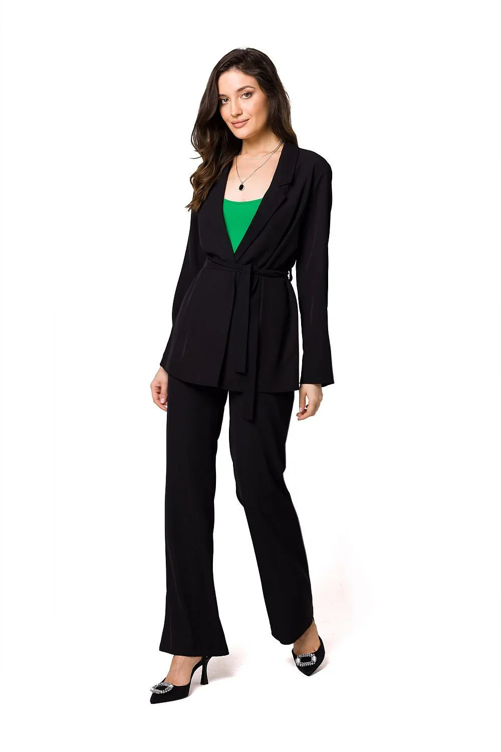 Women Blazer - Lightweight - Tie, Belted, Wrap - Black -Guocali