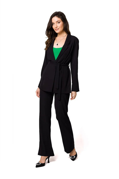 Women Blazer - Lightweight - Tie, Belted, Wrap - Black -Guocali