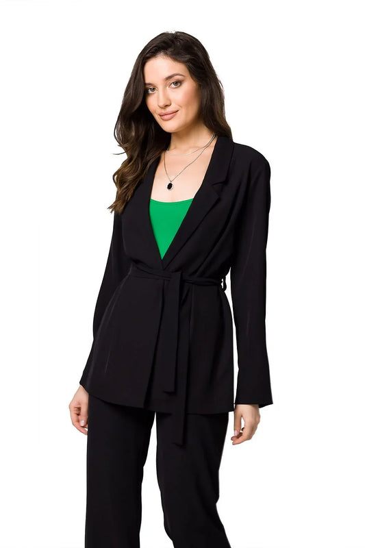 Women Blazer - Lightweight - Tie, Belted, Wrap - Black -Guocali