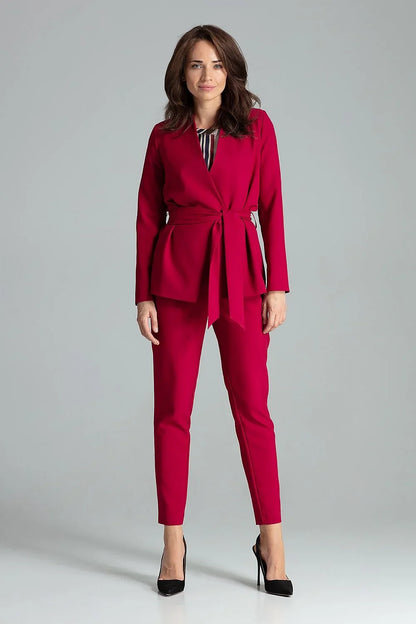 Women Blazer - Lightweight - Tie Wrap Belted - Red -Guocali
