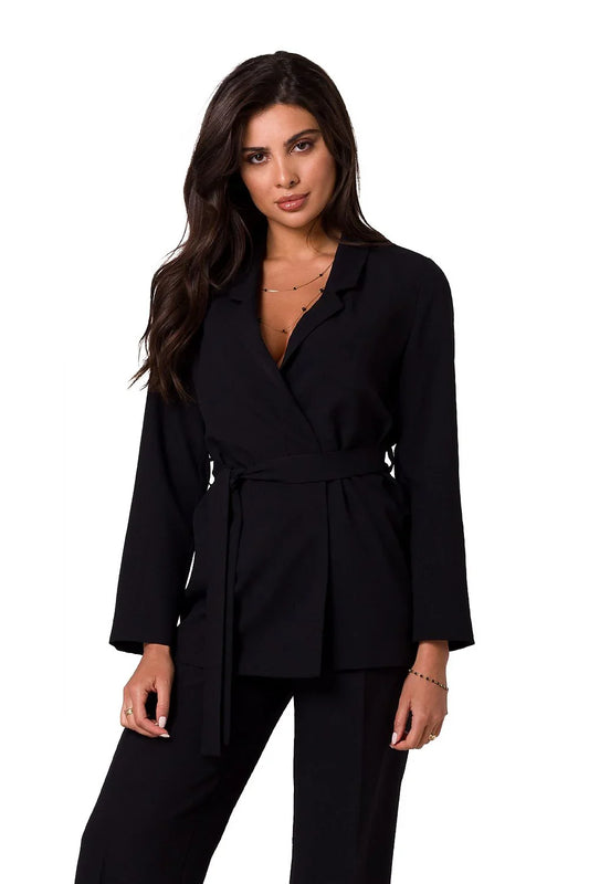 Women Blazer - Lightweight - Wrap, Belted - Black -Guocali