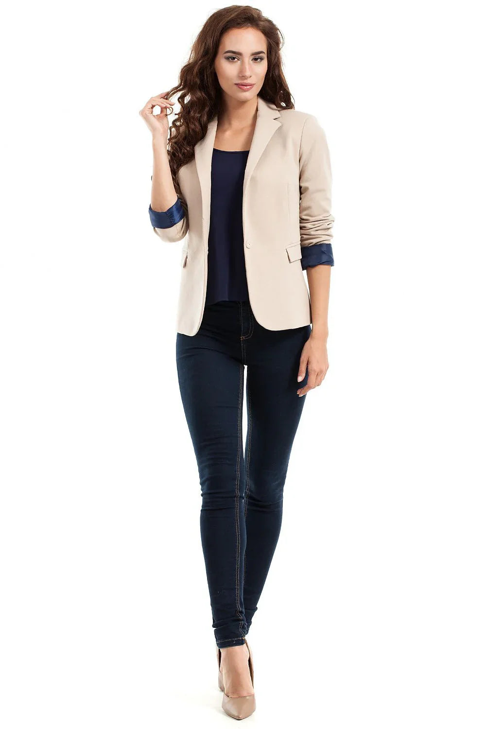 Women Blazer - Stretchable - 1-Button - Beige -Guocali