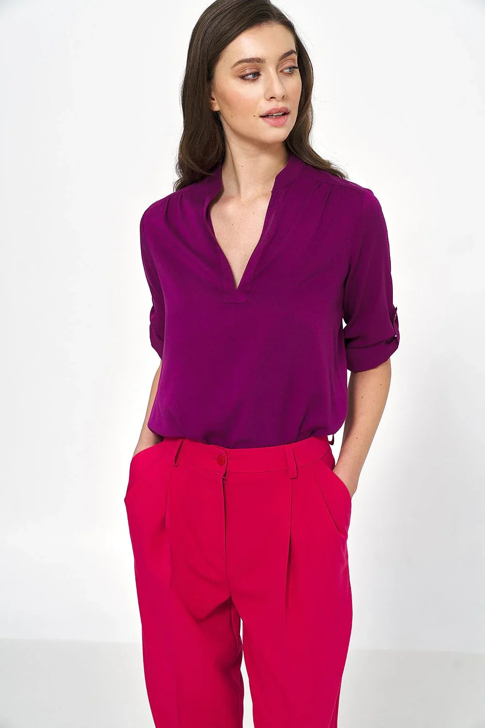 Women Blouse – Lightweight – Rolled-Up Sleeves - Purple -Guocali