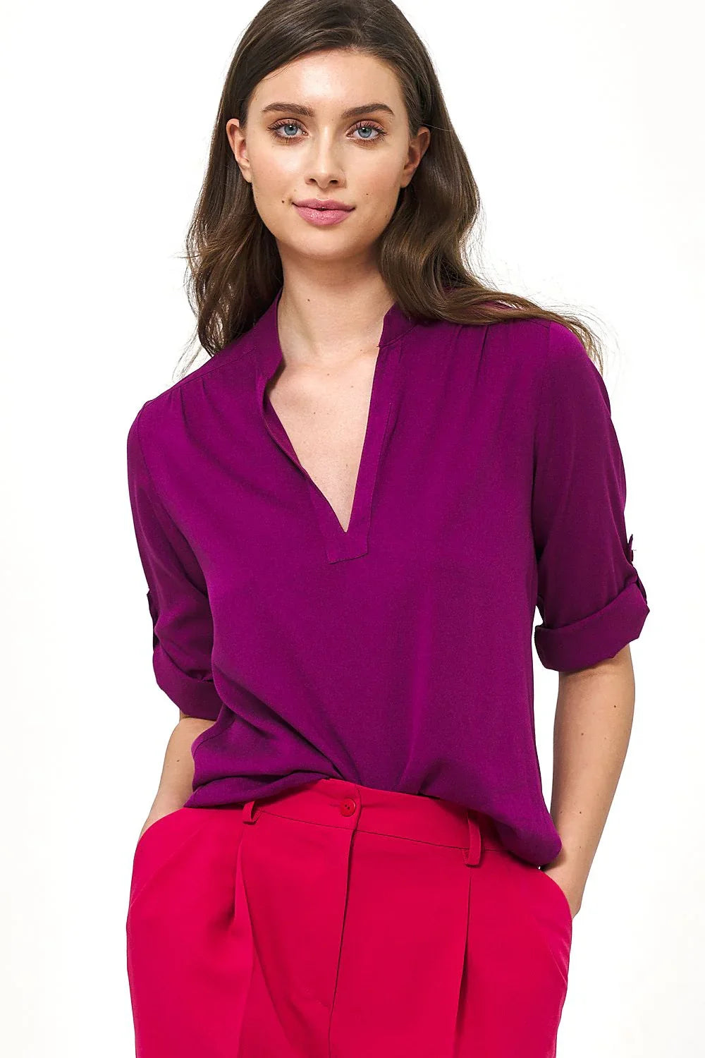 Women Blouse – Lightweight – Rolled-Up Sleeves - Purple -Guocali