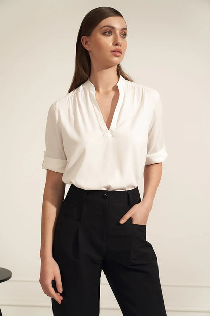 Women Blouse – Lightweight – Rolled-Up Sleeves - White -Guocali