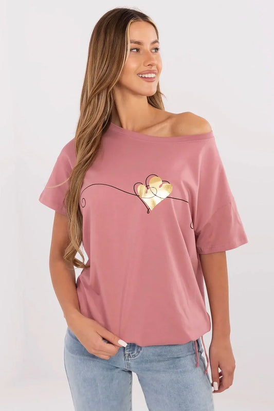 Women Boat-Neck Short-Sleeves T-Shirt – Stretchable - Pink, Gold -Guocali