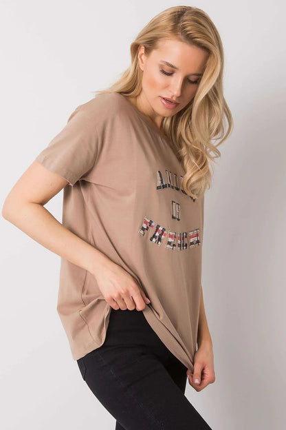 Women Crew-Neck Short-Sleeves T-Shirt – Stretchable - Beige -Guocali