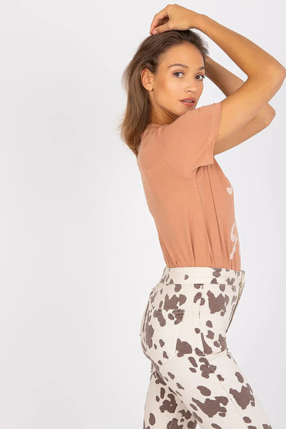 Women Crew-Neck Short-Sleeves T-Shirt – Stretchable - Beige -Guocali