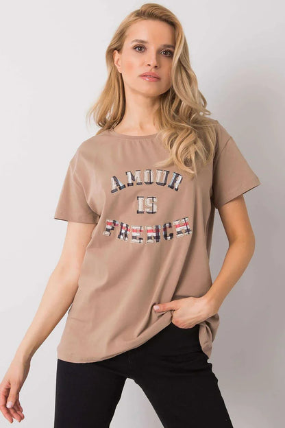 Women Crew-Neck Short-Sleeves T-Shirt – Stretchable - Beige -Guocali