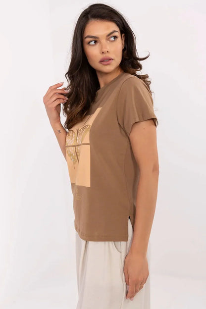 Women Crew-Neck Short-Sleeves T-Shirt – Stretchable - Brown, Gold, Beige, Multicolor -Guocali