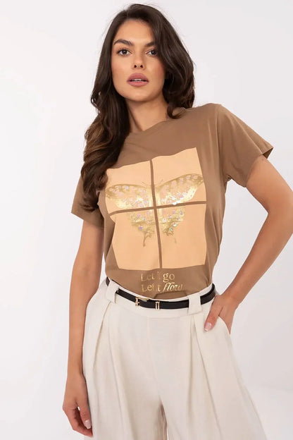Women Crew-Neck Short-Sleeves T-Shirt – Stretchable - Brown, Gold, Beige, Multicolor -Guocali