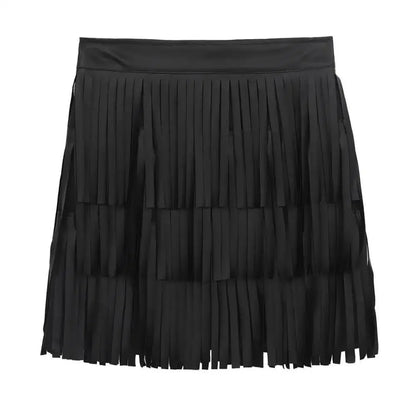 Women Leather Skirt - Layered Fringe Tassel Skirt -Guocali