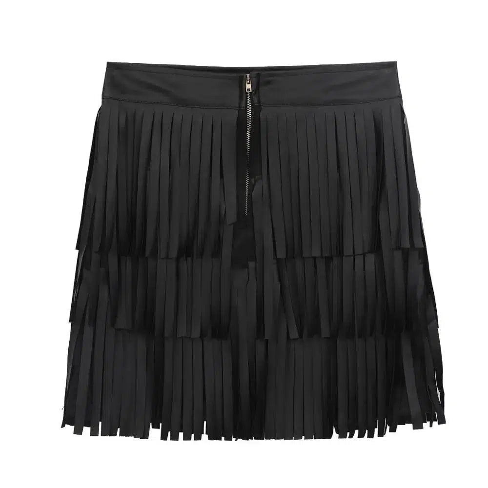 Women Leather Skirt - Layered Fringe Tassel Skirt - Mini Skirt - Guocali