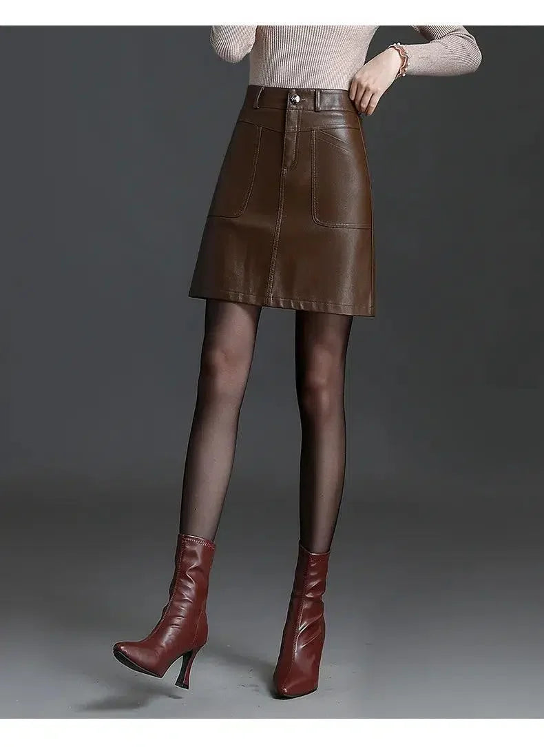 Women Mini Skirt Leather A-Line Pockets - High Waist Women Skirt