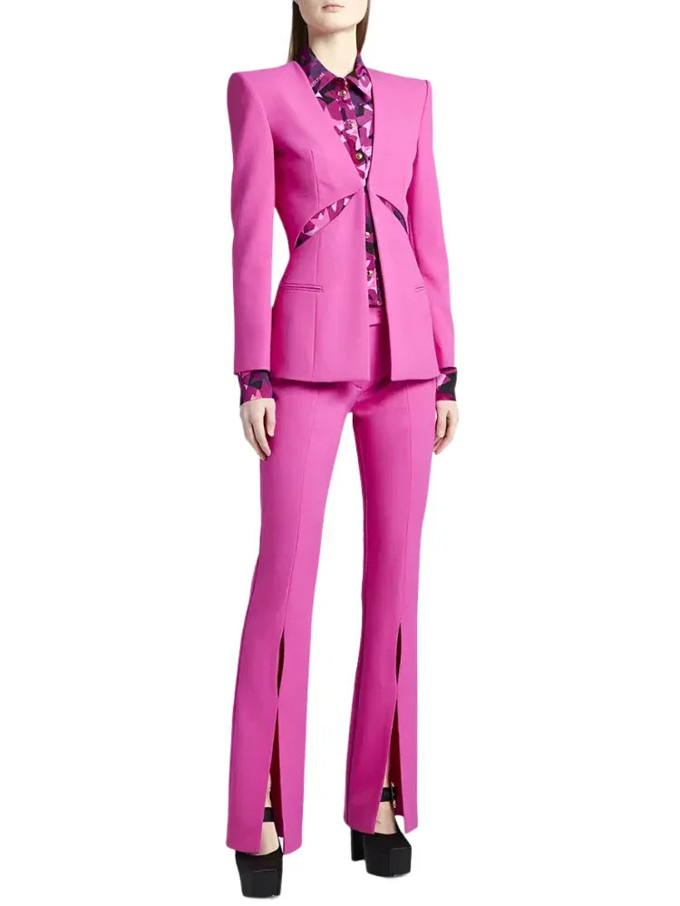 Women Pant Suit - Collarless Blazer - Slit Trouser Suit -Guocali
