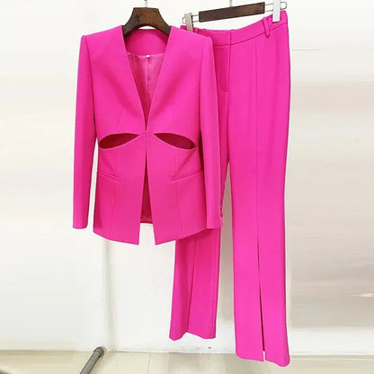 Women Pant Suit - Collarless Blazer - Slit Trouser Suit -Guocali