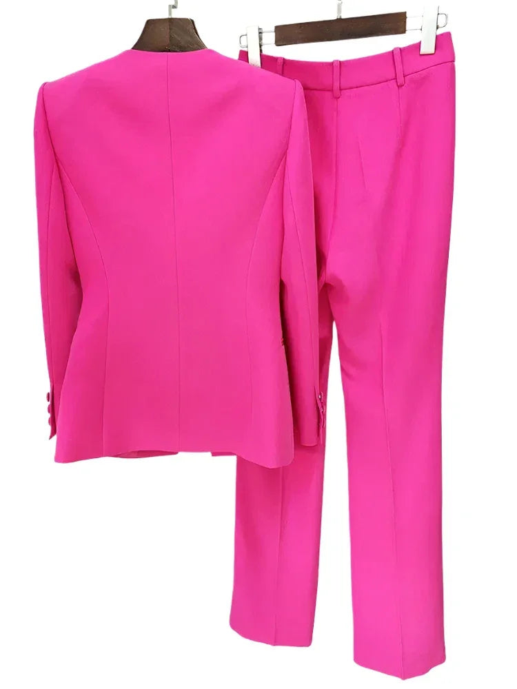 Women Pant Suit - Collarless Blazer - Slit Trouser Suit -Guocali