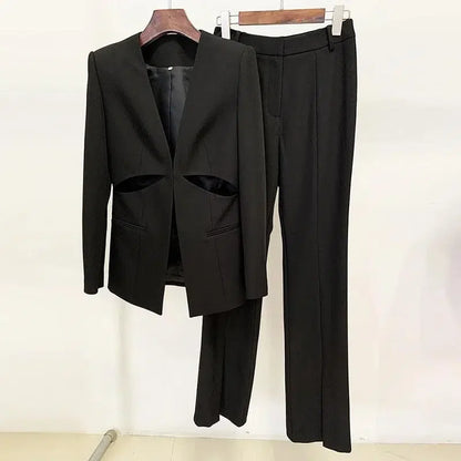 Women Pant Suit - Collarless Blazer - Slit Trouser Suit -Guocali