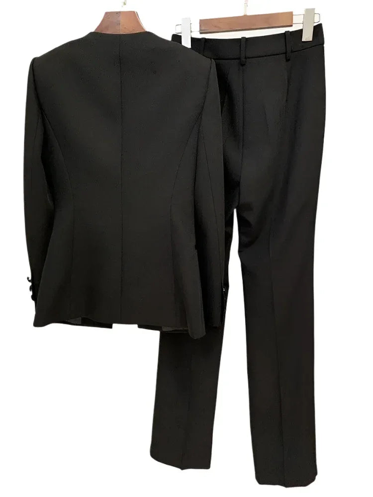 Women Pant Suit - Collarless Blazer - Slit Trouser Suit -Guocali
